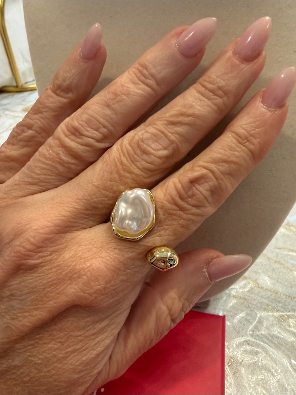 Adina Eden Gold Pearl Open Band Ring adjustable